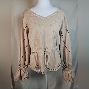 Oli & Hali Taupe Cutout Embroidered Peplum Blouse Top Size S Boho